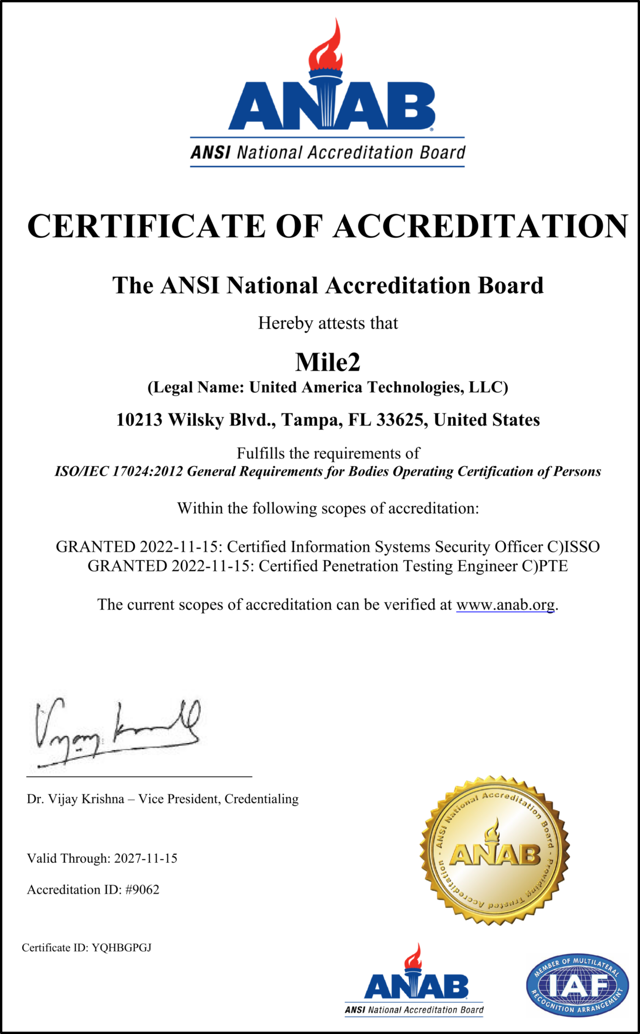 ANAB ANSI Accreditation - Mile2 Cybersecurity Certifications