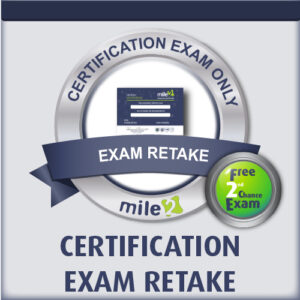 Certification exam retake badge inside a grey box with a dark blue top ribbon with a green Free 2nd Chance exam sticker hovering over the lower right portion of the box